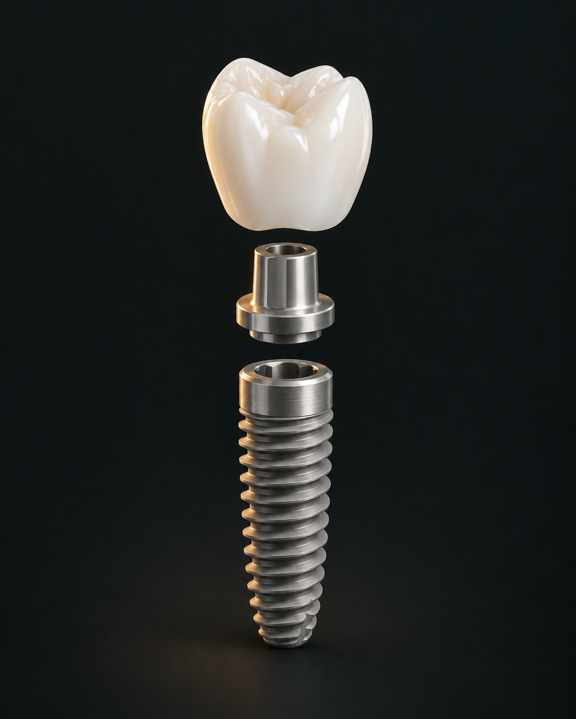 Ilustración de un implante dental con corona de zirconia, TiBase de titanio y cuerpo del implante en vista de despiece.